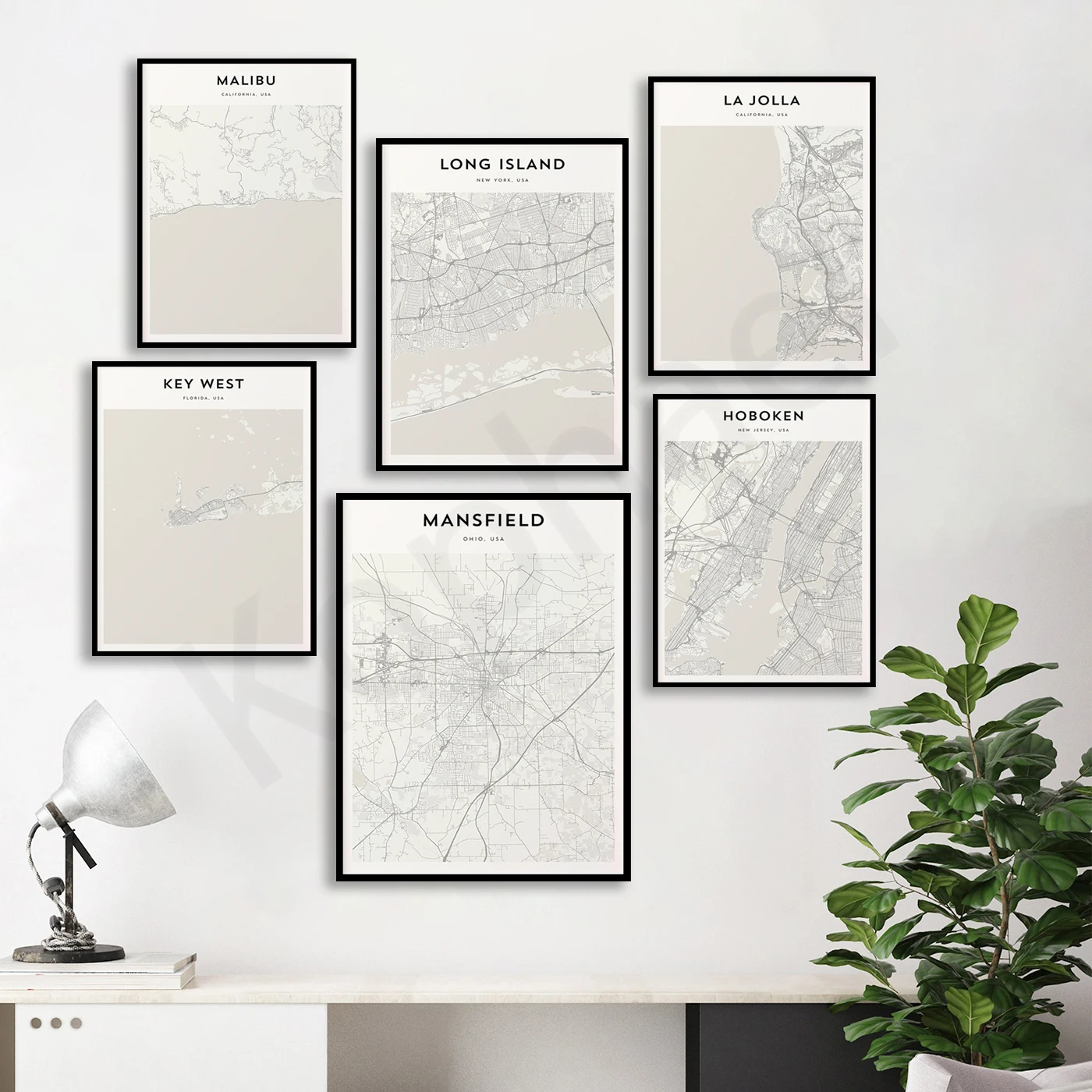 Mansfield. Malibu. La Jolla. Manhattan. Mackinaw. Laguna. Clave Oeste. Kauai. Jacksonville. Hoboken. Póster del mapa de viajes de ciudades