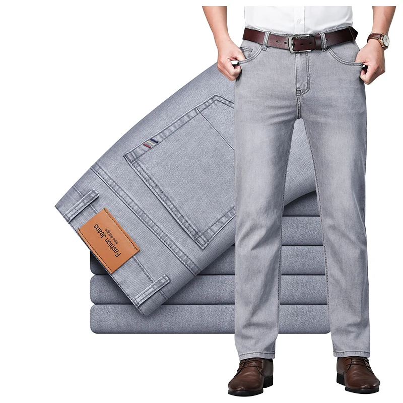 2024 Brand Thin Material Straight Cotton Stretch Denim Men's Business Casual Mid-High Waist Light Grey Blue Jeans