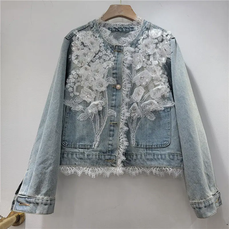 Fashion Sequins Flower Lace Patchwork Blue Short Jeans Jacket Loose Casual Round Neck Single-Breasted Long Sleeve Denim Jackets