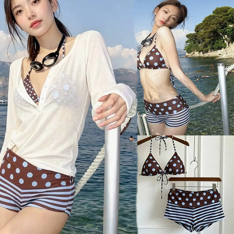 Women Three PC Polka Dot Split Bikini Hot Girl Square Bottom Cover Up Small Chest Gathered Slim Spa Beach Vacation Bathing Suit