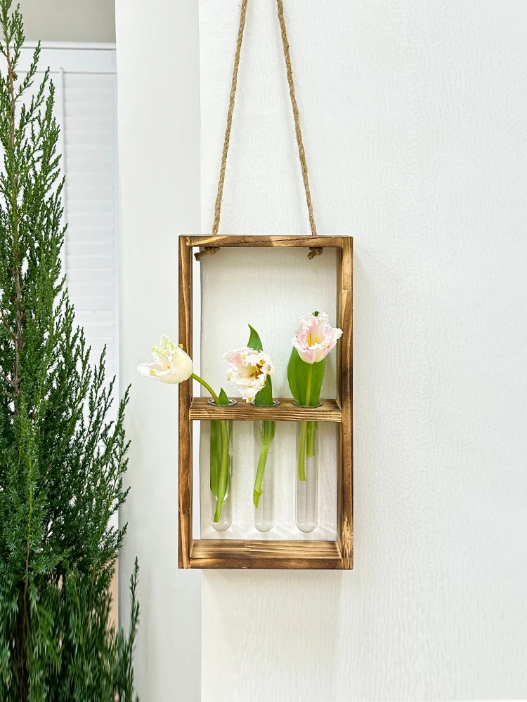 Fashionable Flower Arrangement Wooden Frame Vase Hanging Test Tube Propagation Hydroponic Plants Home Garden Wedding Decoration