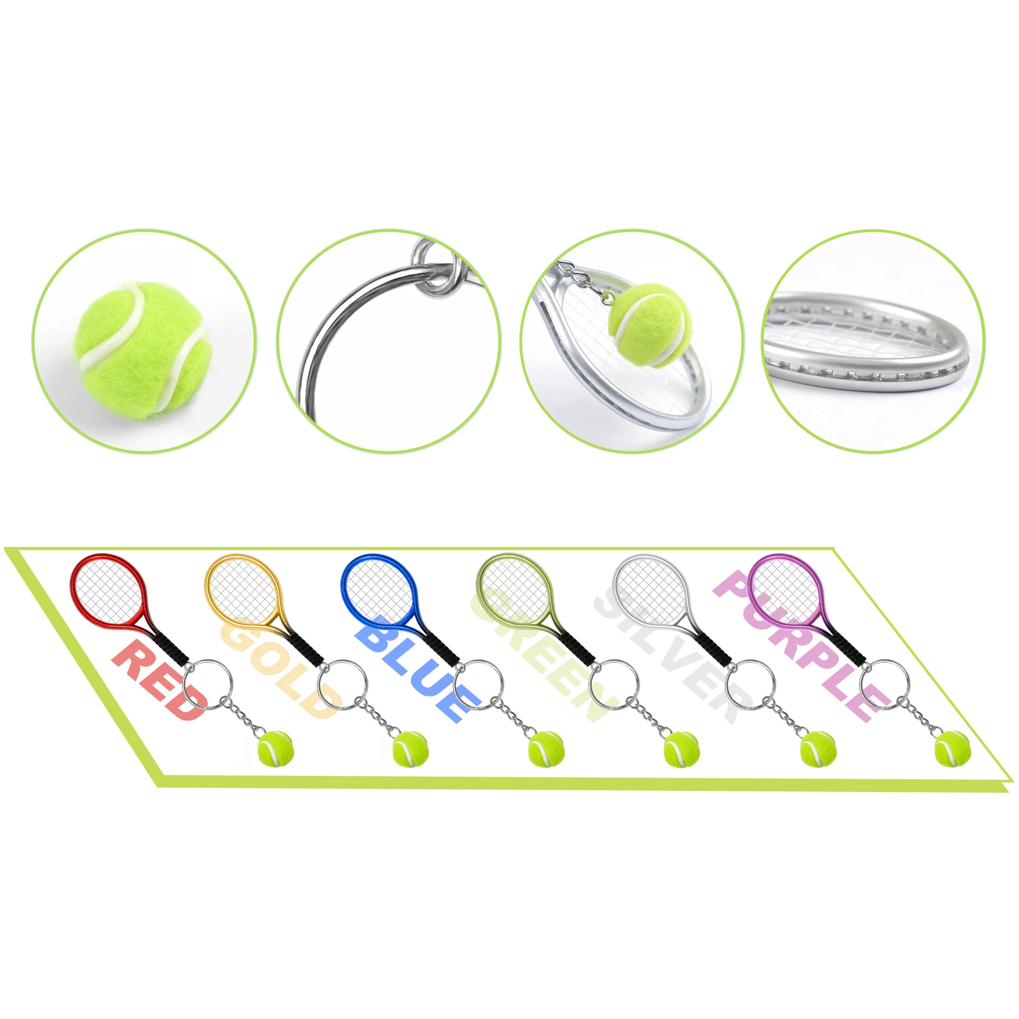 12Pcs Mini Exquisite Lightweight Tennis Racket Racquet Ball Keychains Key Rings Sport Style Split Keychains