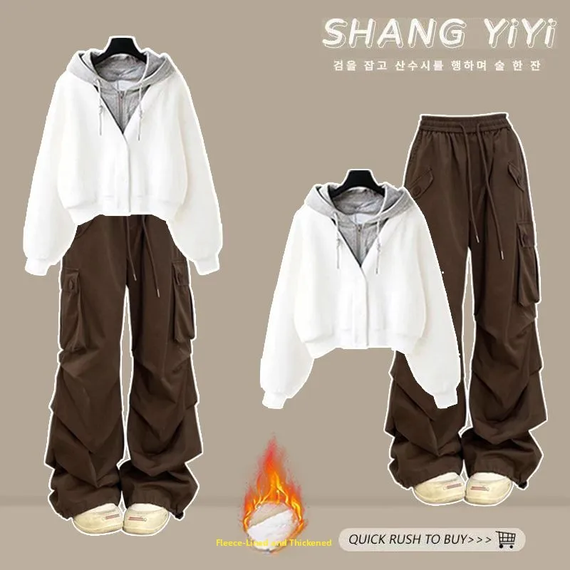 Winter Thickened Fleece Lined Loose Sweatshirt And Pants Set Versatile Retro American Workwear Style Two Piece Suit for Women