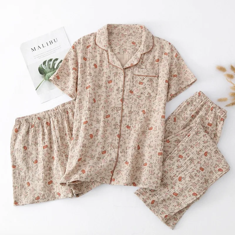 Ensemble pyjama pour femmes, Cardigan/pantalon en crêpe 100% coton, 3 pièces, vêtements de maison amples, nouvelle collection printemps/été/automne