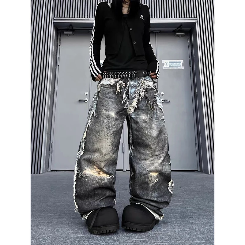 

ZHIZOU Women's American Retro Baggy Jean Print Denim Pants Grunge Wide Fit Y2K High Street Cowboy Japanese Harajuku Tide 2000s