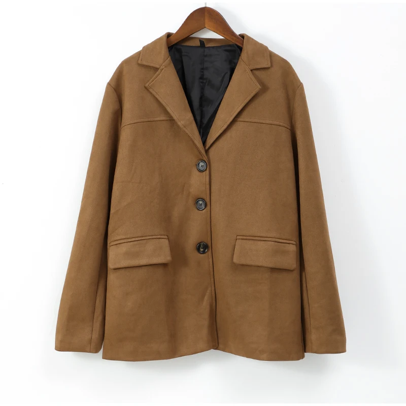 Vintage Brown Lapel With Pocket Jacket Women Fashion Long Sleeves Single Breasted Coat 2024 New Autumn Lady Commuting Streetwear