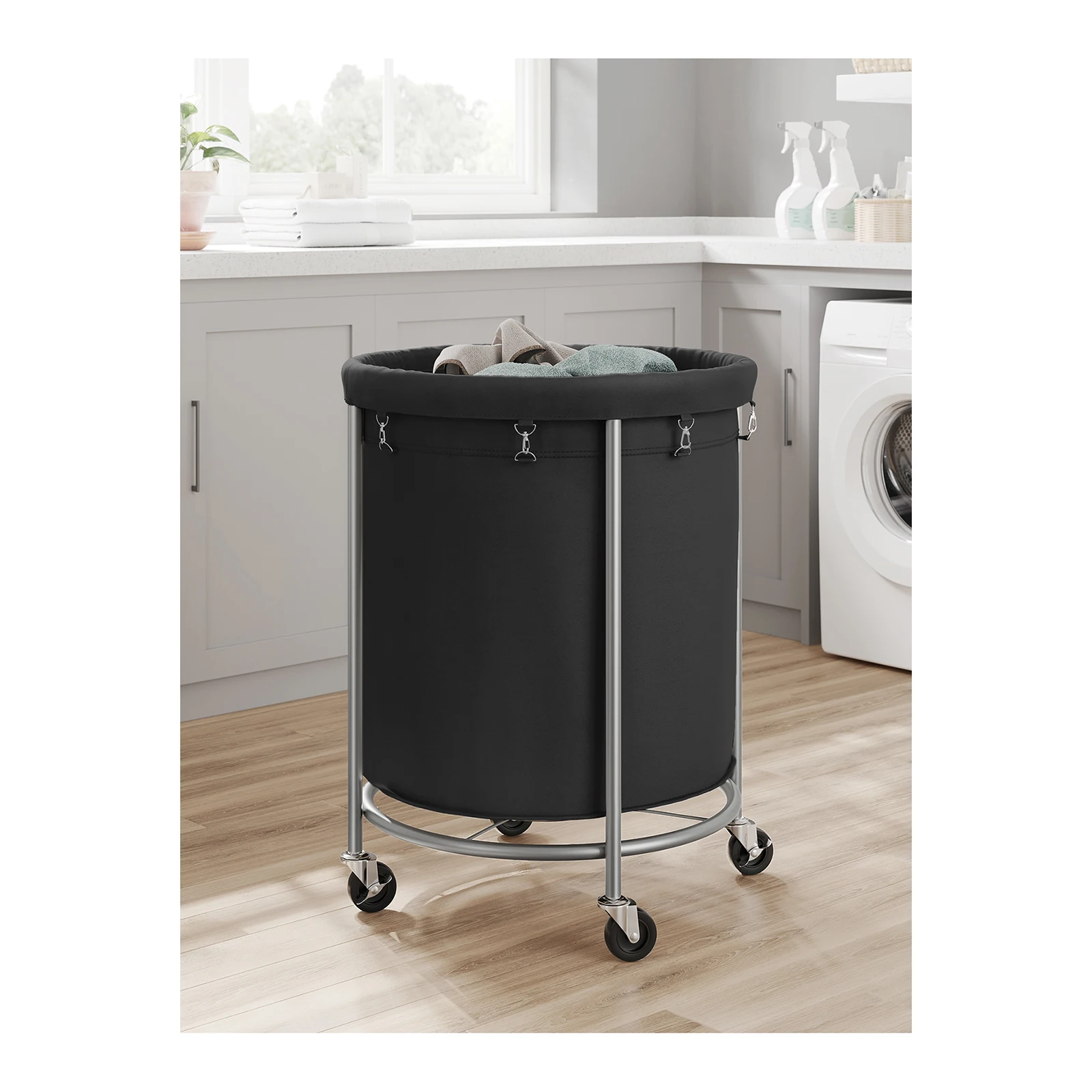 SONGMICS Laundry Basket on Wheels: 170 L, Steel Frame, Removable Bag. 4 Wheels, 2 Brakes. Round. Black, Silver.