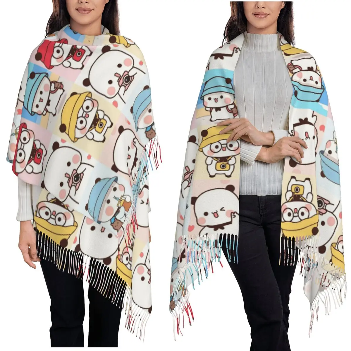 

Bubu Dudu Panda Bears, шарф с вишневым сердечком и кисточками для женщин, мягкие теплые шали и накидки, длинная осенне-зимняя шаль, накидка