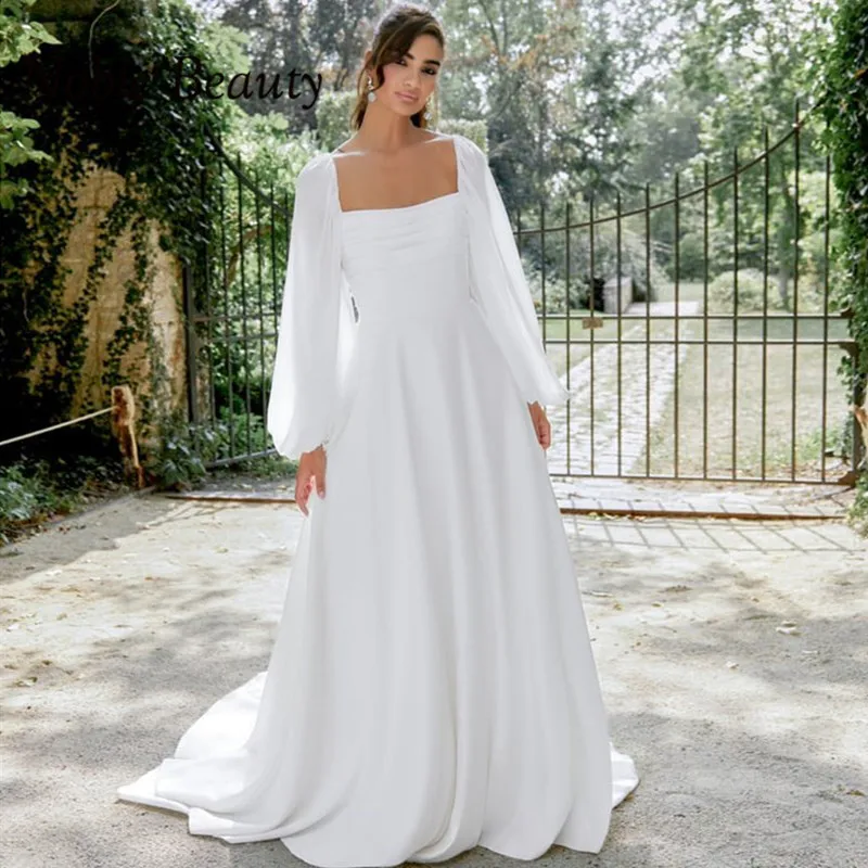 Long Sleeves Garden Wedding Dresses 2026 Pleat Square Collar Bridal Gowns For Women Elegant Backless Vestidos de novia