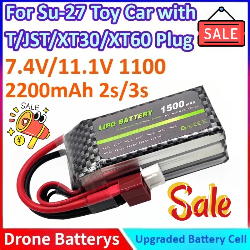 

1100/1500/2200mAh 7.4V/11.1V 2S/3S 30C Modle General-purpose RC Model Li-ion Battery for Su-27 Toy Car with XT30/XT60/T/JST Plug