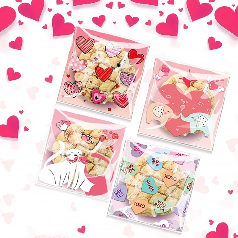 100pcs 10x10cm Mix Valentine Cellophane Bags Cookie Treat Bags Heart Self-Adhesive Clear Plastic Candy Pouch Jewelry Display