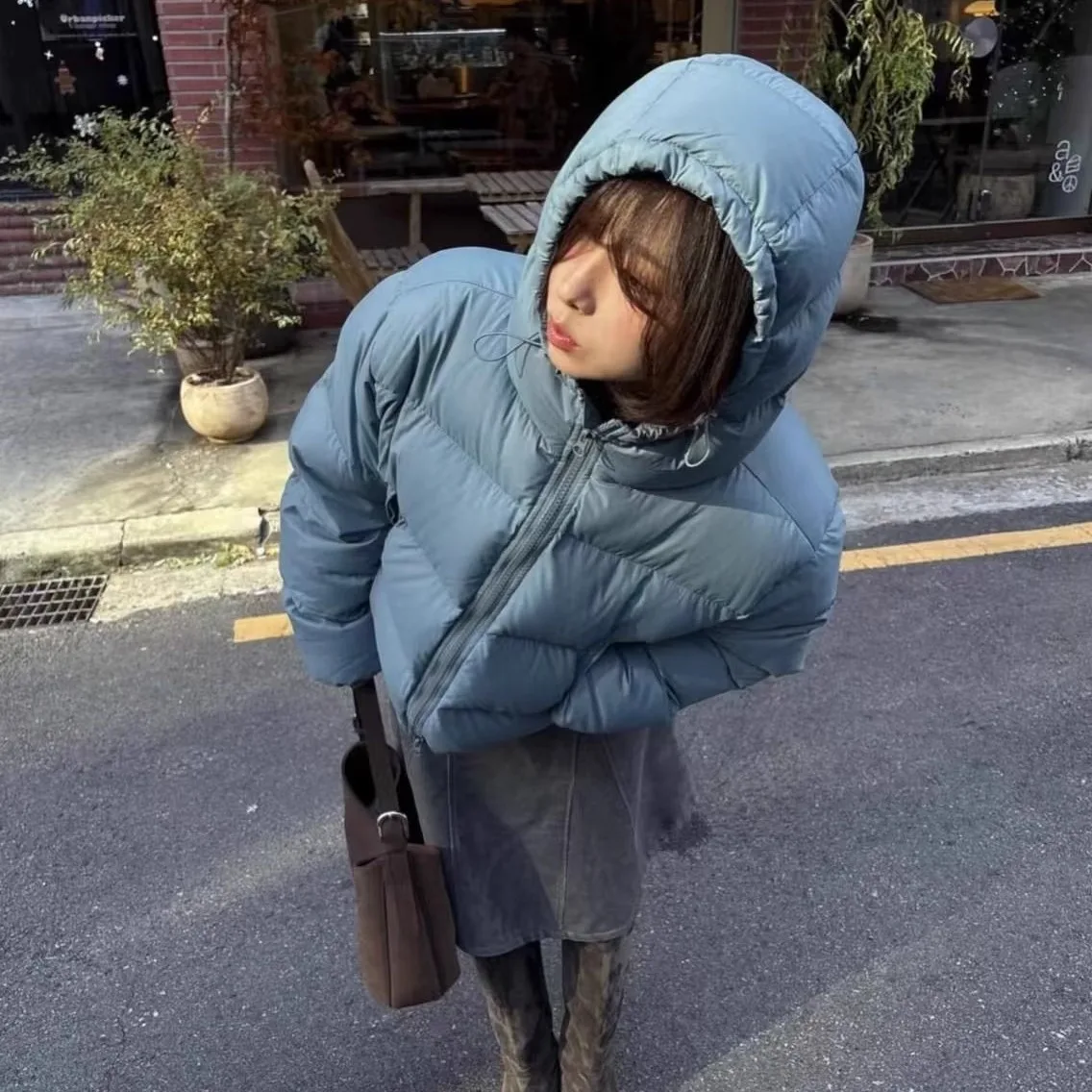 

Warmth Lightweight Goose down Jaet ort Sle Hooded Zipper for Women Blue Bla Smooth Mod Fem Outerwear Coat