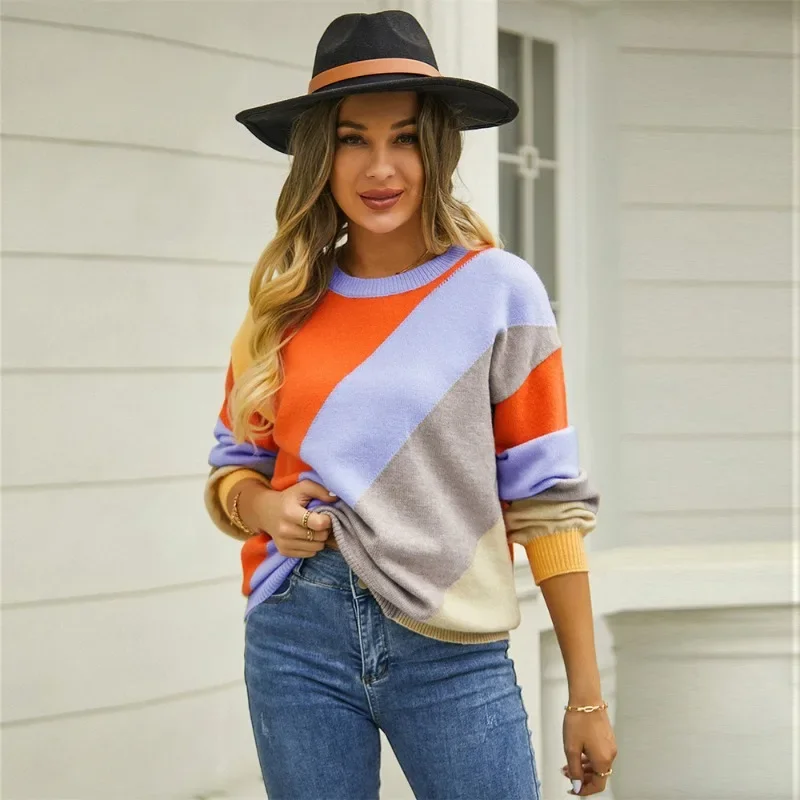 Fashion Oversized Stripe Stitching Pullovers Women Sweater Tops Autumn Winter Warm Ladys Pullover Knit Women Sweater Jumper