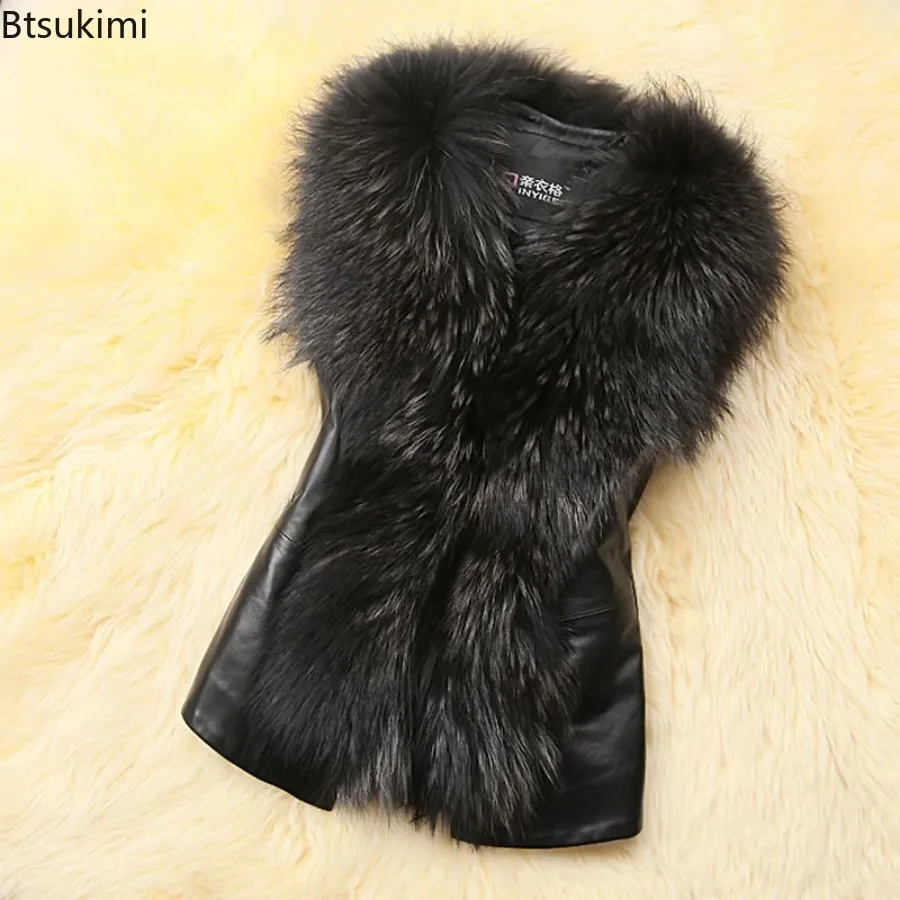 New Winter Women Fur Vest Female PU Leather Waistcoat 2026 New Ladies PU Leather Splicing Faux Fox Fur Collar Sleeveless Jacket