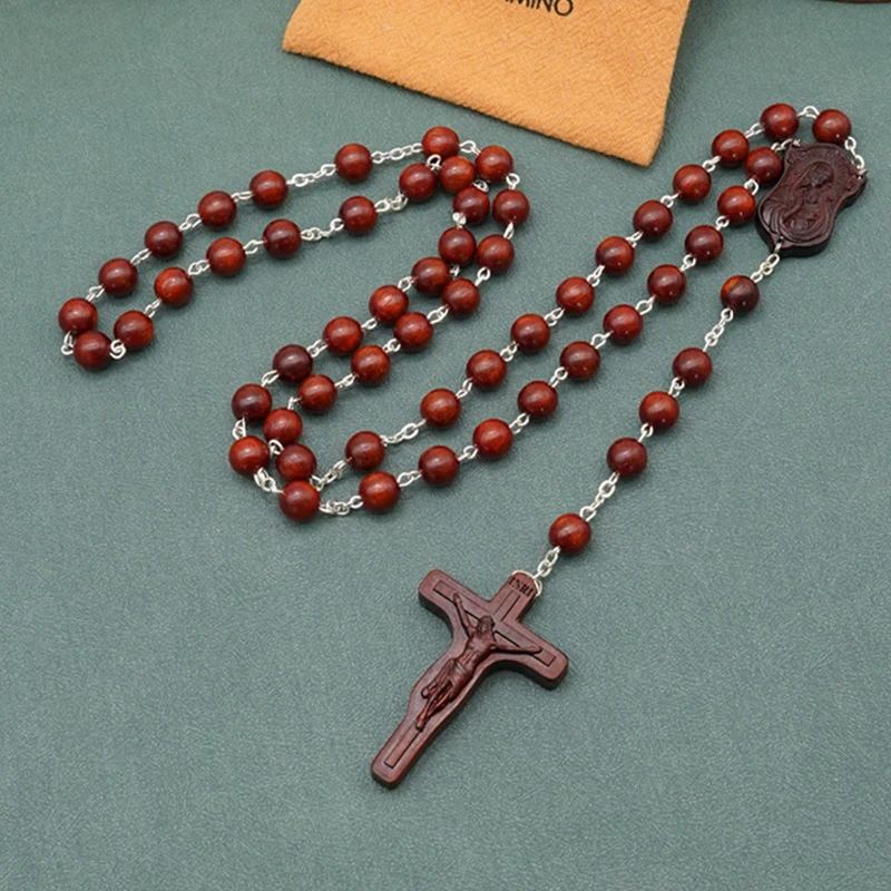 8mm Hail Mary Chain Rosewood Rosary Wooden Beads Religious Prayer Necklace Cross Best Gift for Family Friends