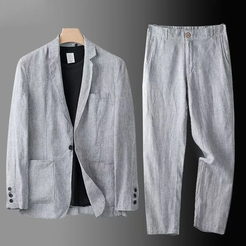 High Quality Thin Linen Suit Set for Men Casual Fashion Loose Fit Spring Summer Autumn Soft Fabric American Style Long Sleeve