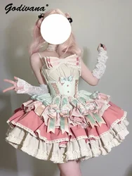 French Sweet Lolita Princess Puffy Cake Dress New Satin Bow Slim Strapless Short Mini Birthday Party Dresses