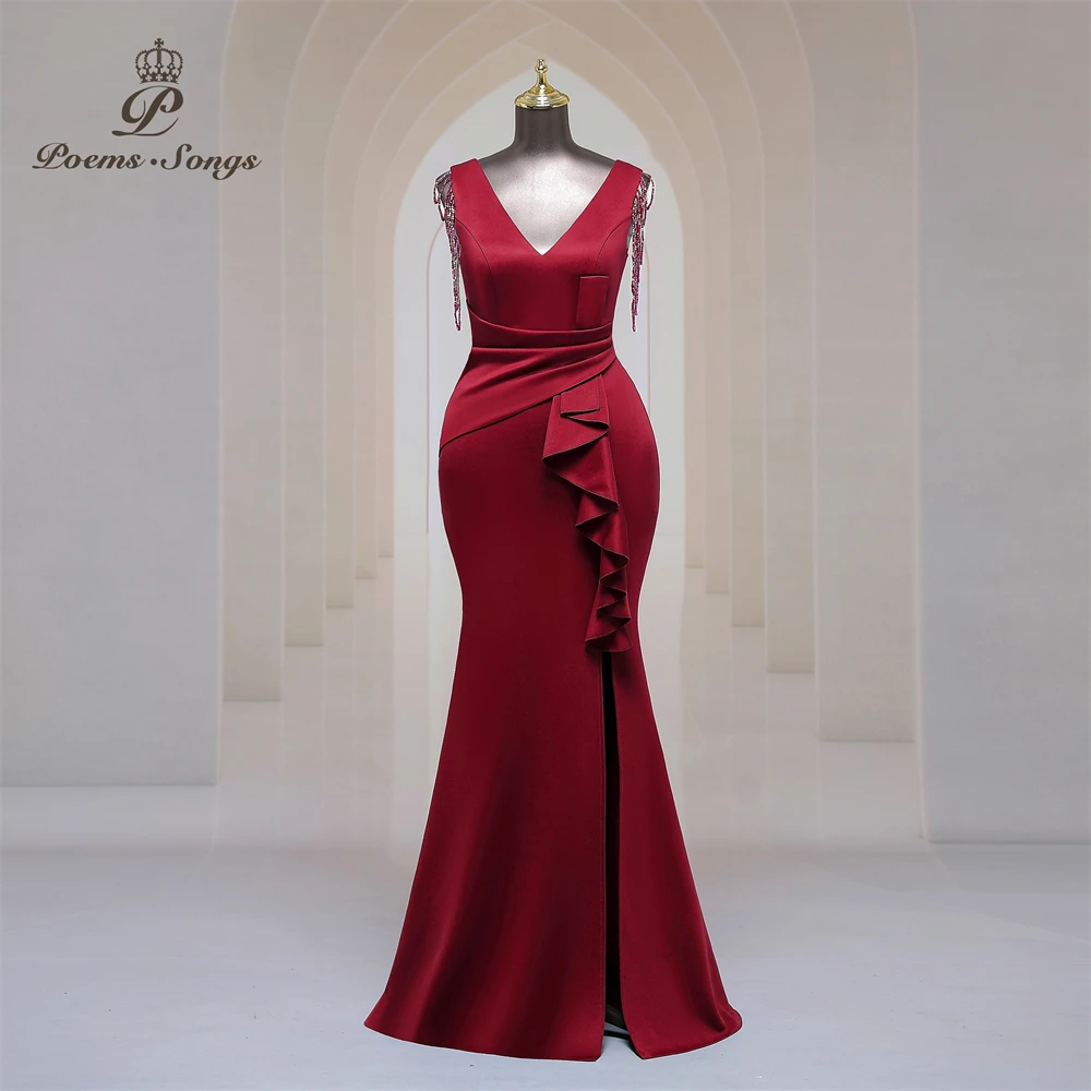 Elegant side slit Party dress for women Long Prom Dress Soft Satin shoulder Beading evening dresses Maxi Dress Evening gowns