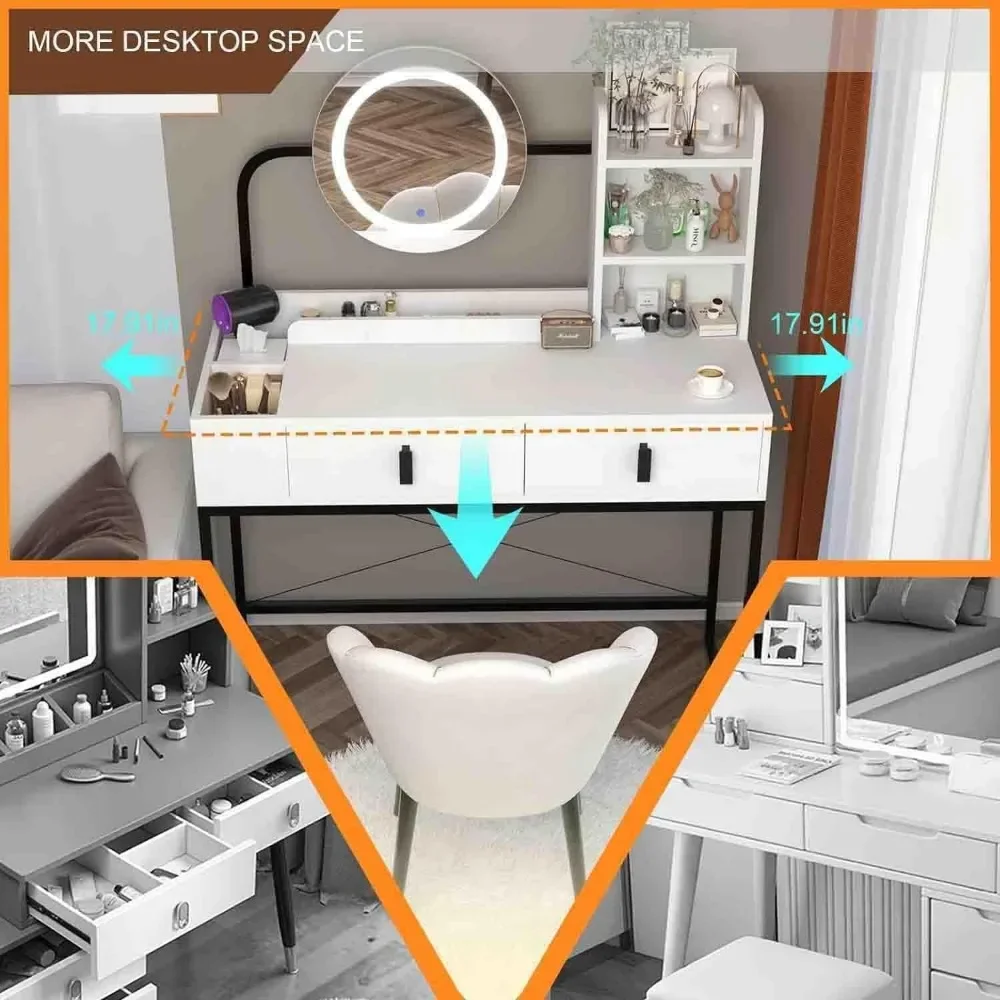 ミラーとランプ付きのxmsjドレッシングテーブル、収納付きの寝室のドレッサー、3つの照明モード、素敵