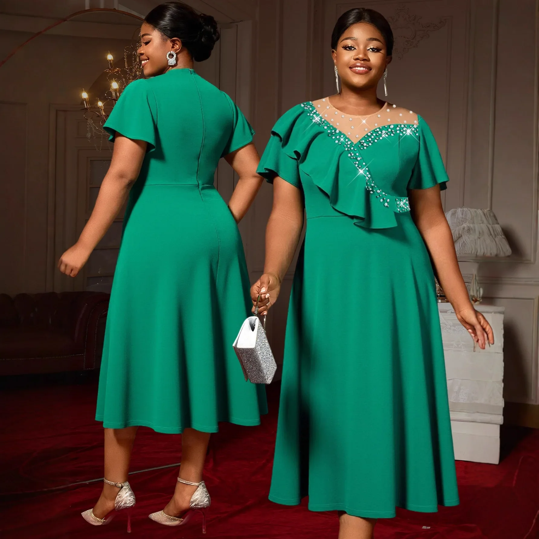 L-4XL حجم كبير فساتين الأفريقية للنساء الخريف أنيقة الأفريقية قصيرة الأكمام شبكة البوليستر ميدي فستان Dashiki أفريقيا الملابس #2