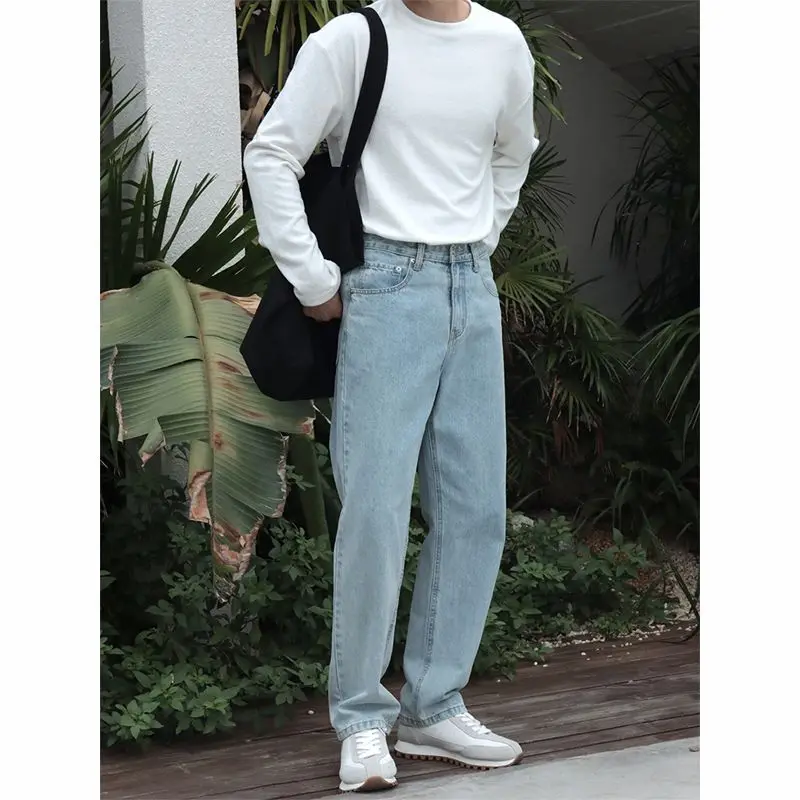 New 2026 Men's Designer High-end Straight-leg Jeans Korean Vintage Light Blue Jeans Menswear Clothing Cowboy Work Pants Man