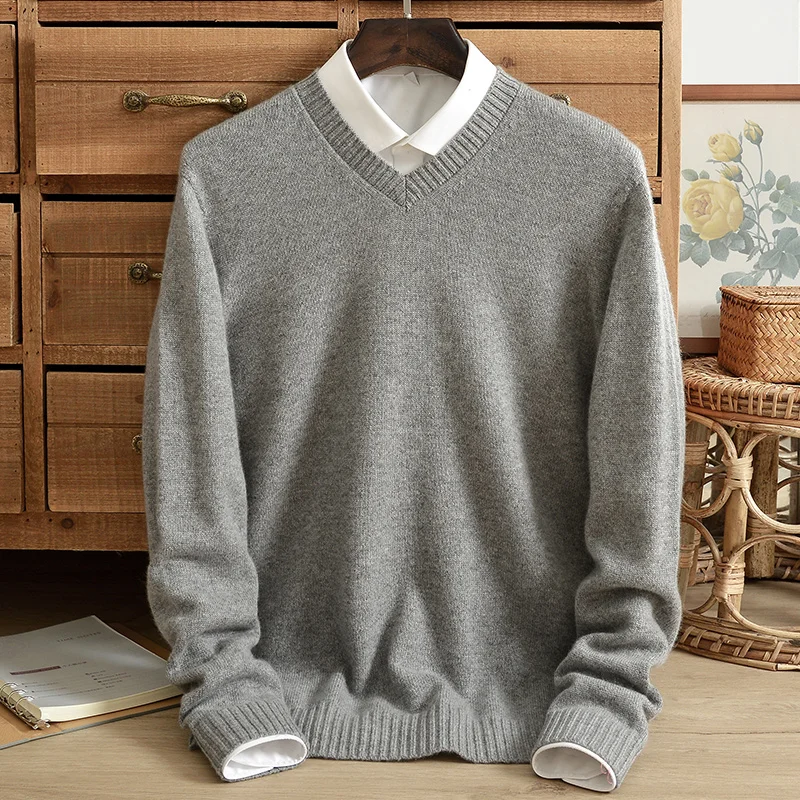 

Pure cashmere sweater men's V-neck double-strand thickened pullover seamless one-piece sweater solid color bottoming sweater