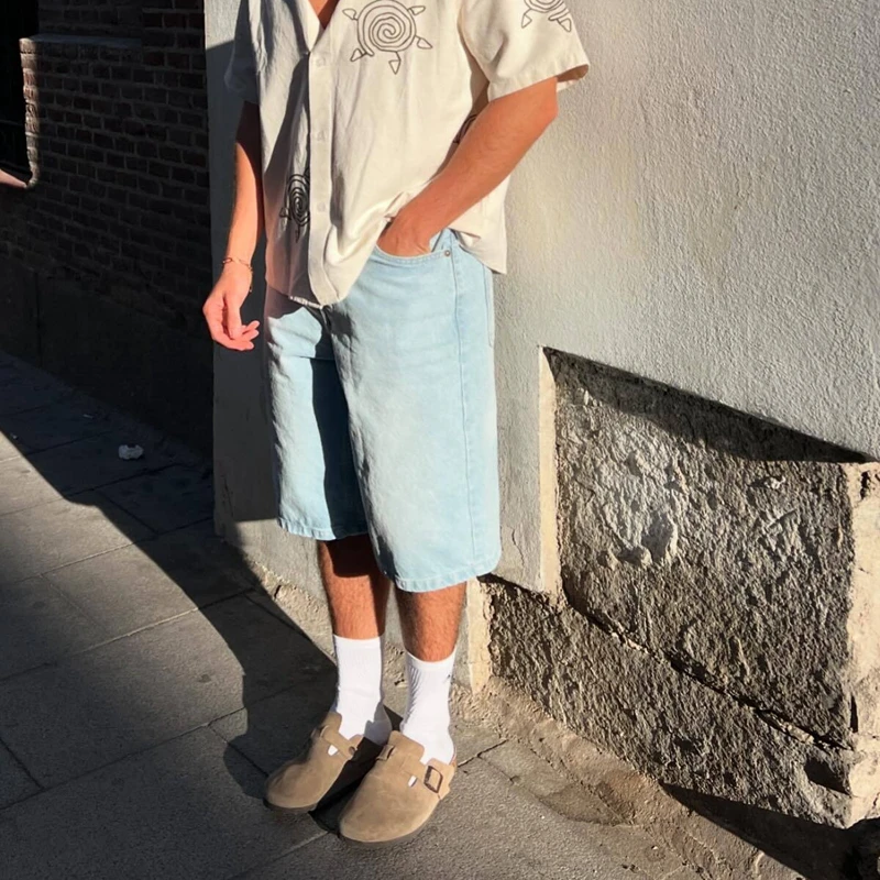 

Мужские свободные прямые джинсовые шорты с застежкой-молнией и пуговицами, летние повседневные короткие брюки с карманами, уличная одежда