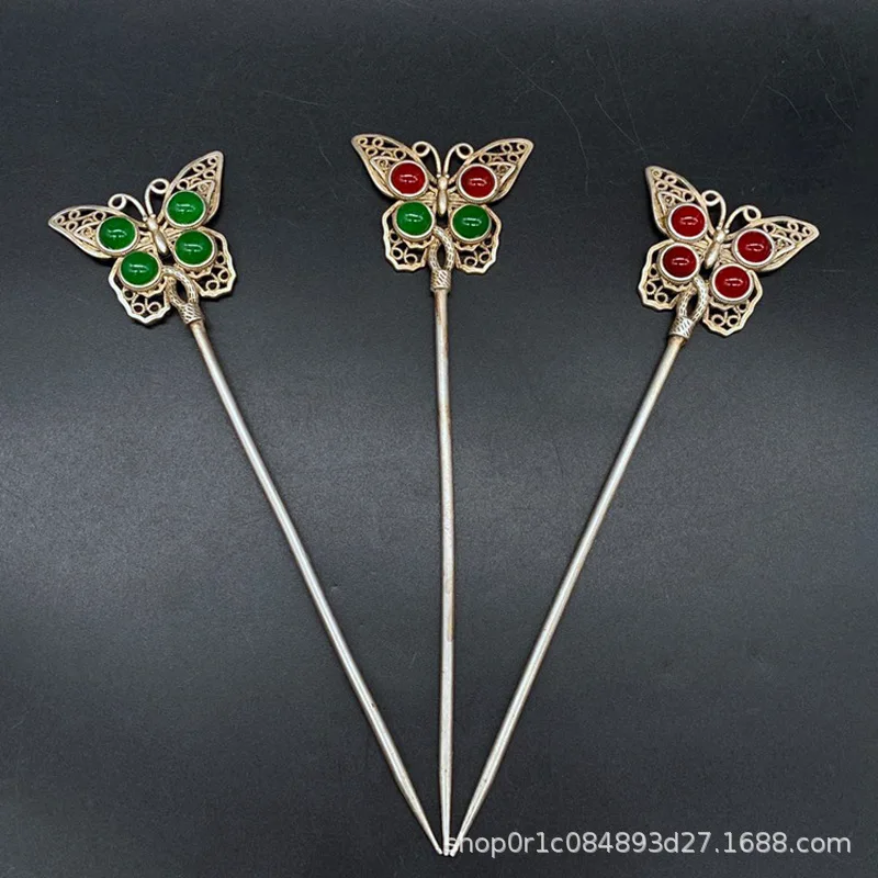 Antique Miao , Hanfu Matching Hair Accessory, Silver Inlaid Agate Hairpin