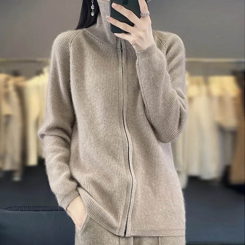 2023 Autumn Winter New Mink Fleece Cardigan Women's Half High Neck Long Sleeve Loose Solid Color Warm And Thick Knitted Cardigan