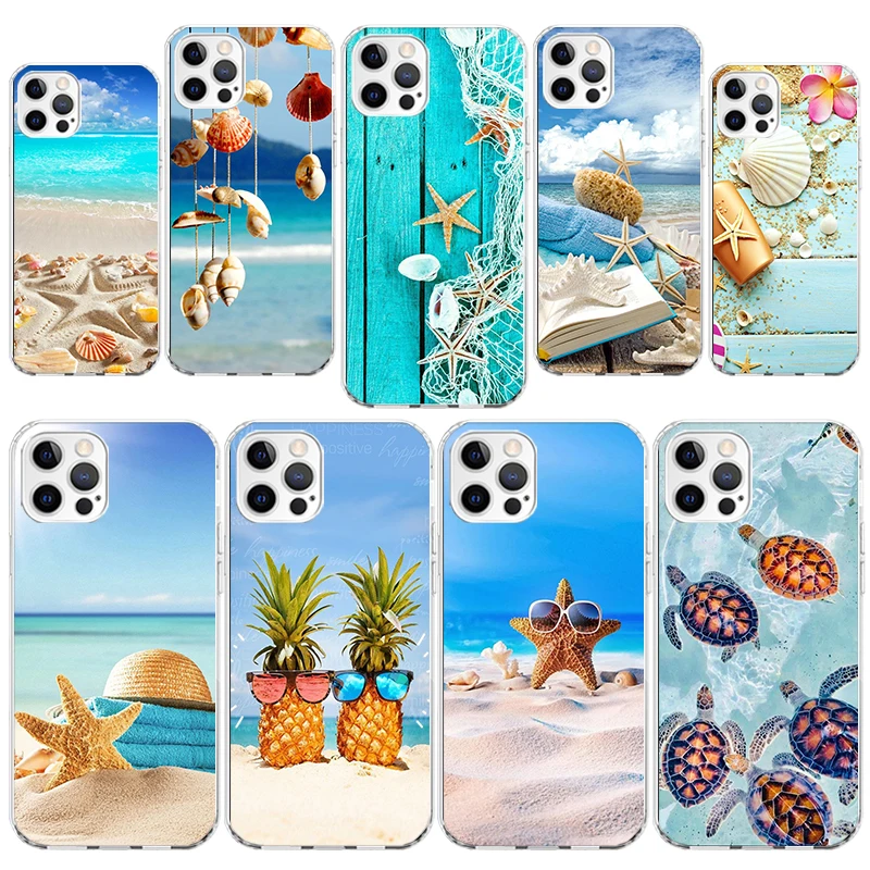 Blue Wood Seashells Sea Star Phone Case Cover for iPhone 16 15 14 Plus 13 12 Mini 11 Pro Max X XS XR 7 8 + SE Apple Soft Shockpr