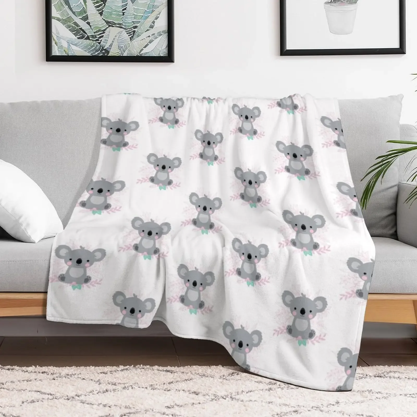 Cute Baby Koala with flowers White Throw Blanket Furrys Warm Personalized Gift Shaggy Blankets