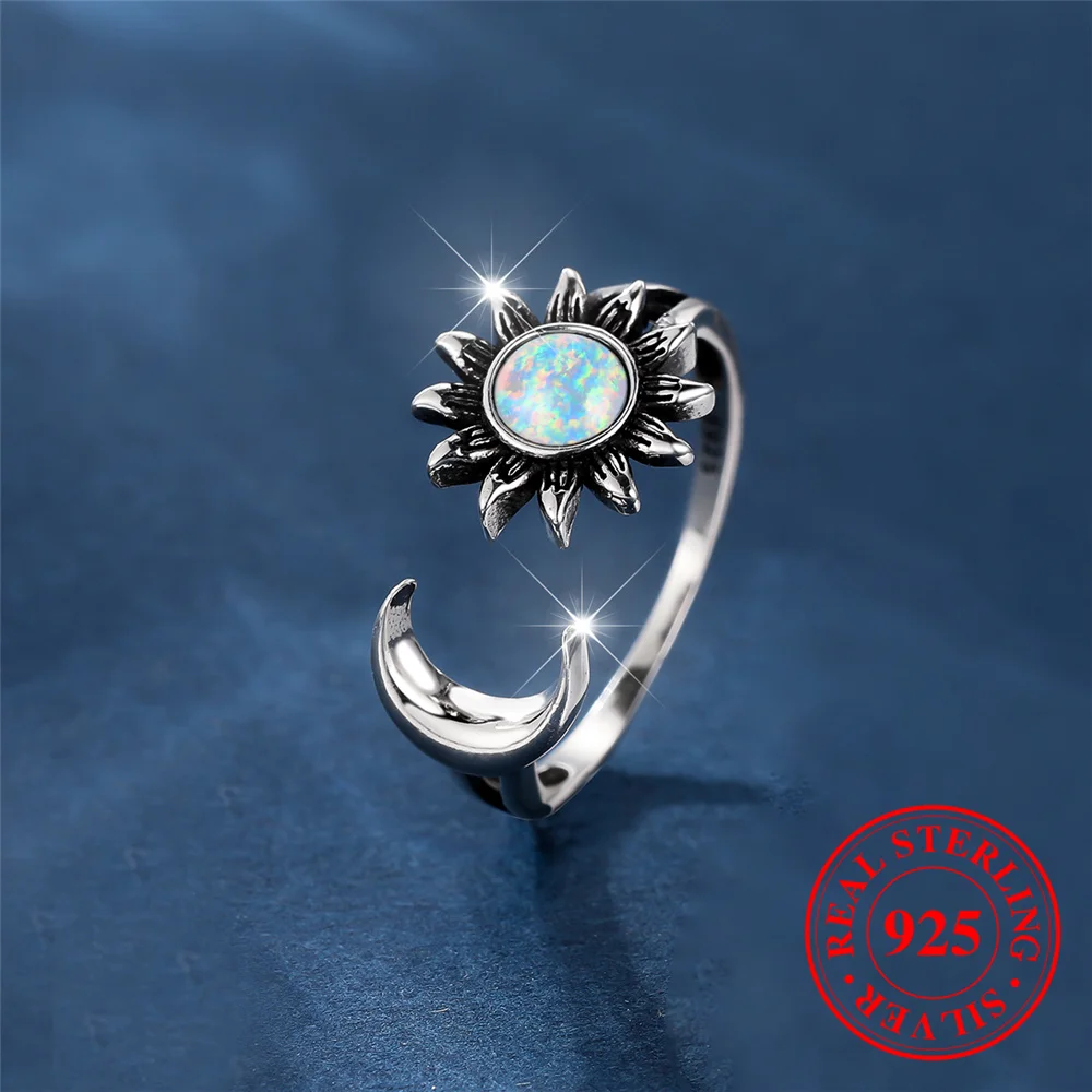 Carino femminile naturale bianco fuoco opale pietra girasole luna anello Vintage reale 925 gioielli da sposa in argento Sterling aperto per le donne