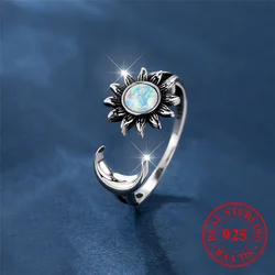 Carino femminile naturale bianco fuoco opale pietra girasole luna anello Vintage reale 925 gioielli da sposa in argento Sterling aperto per le donne