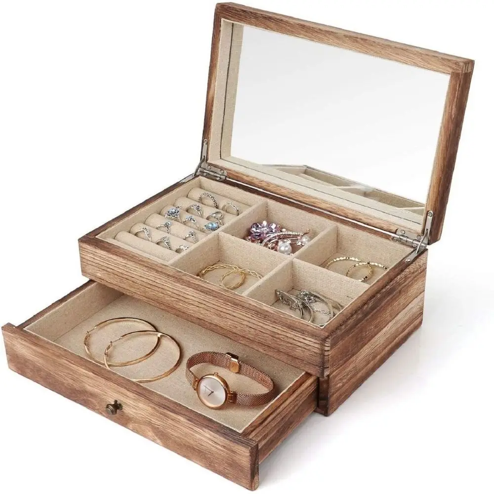 Double Layer Wooden Jewelry Display Box Vintage Soft Lining Rings Earrings Storage Case Multi-function Multicompartment