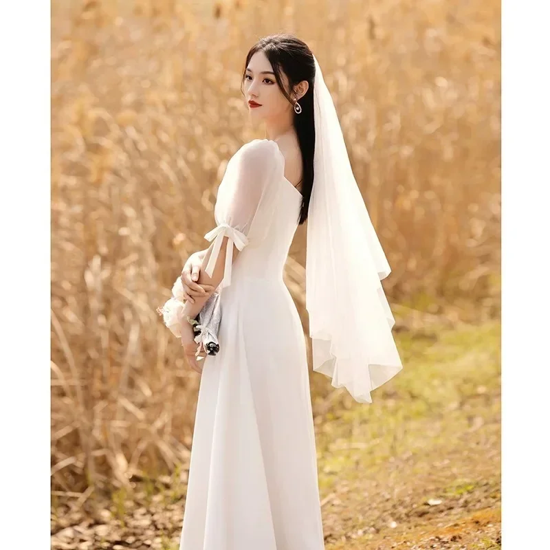 Vestido de casamento leve cetim para pequena pessoa, Vestido de casamento, Fotografia de viagem diária, Vestido branco simples