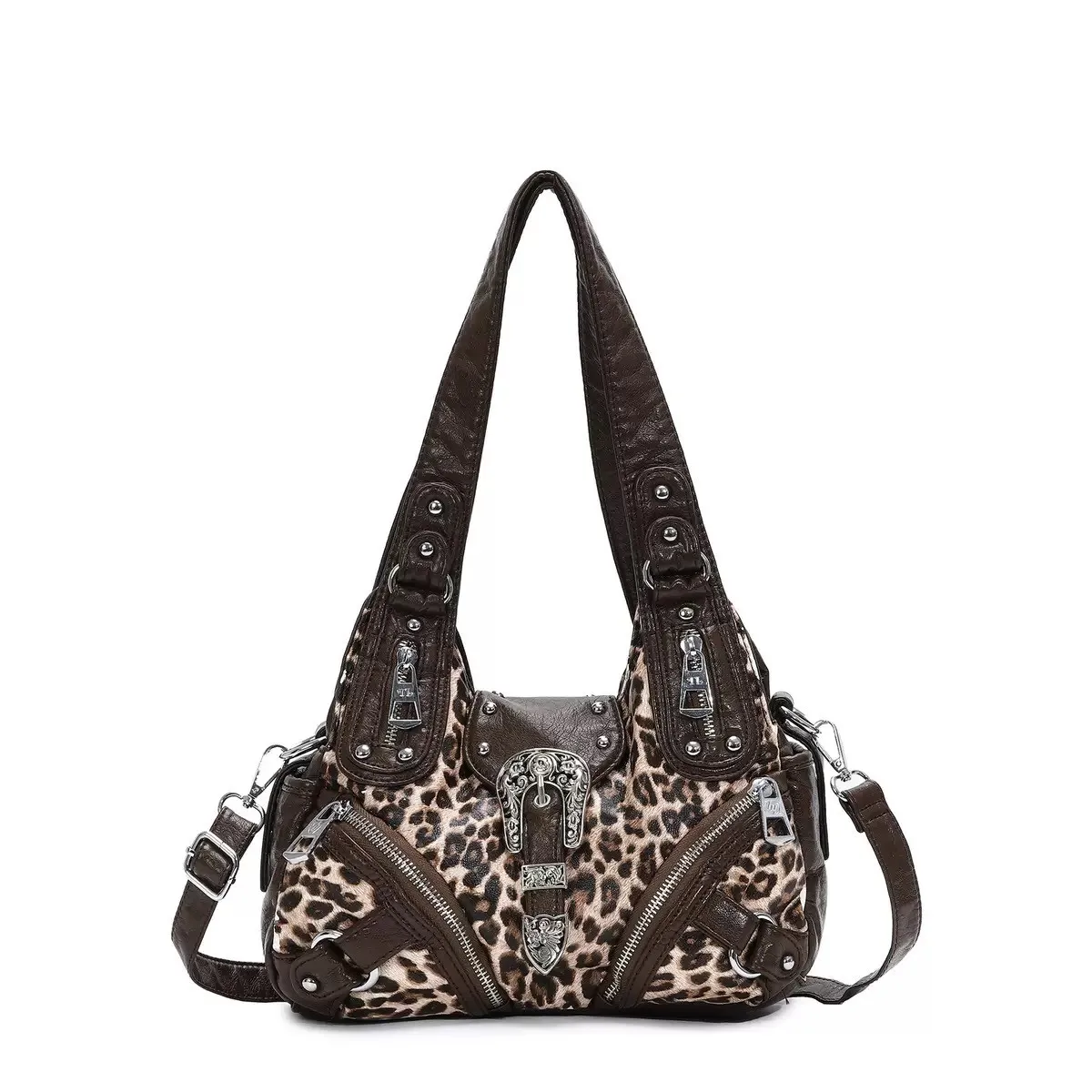Bolso de Motocicleta Retro Original con Estampado de Leopardo y Remaches, Bolso Bandolera de Mano para Mujer, Estilo Rockero