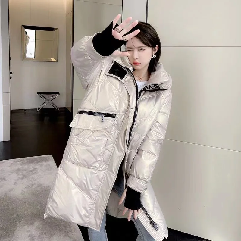 2023 Winter New Letter Glossy Down Jacket Thicken Hooded White Duck Down Coat Women\'s Coat Female Parka Long Overcoat Streetwear