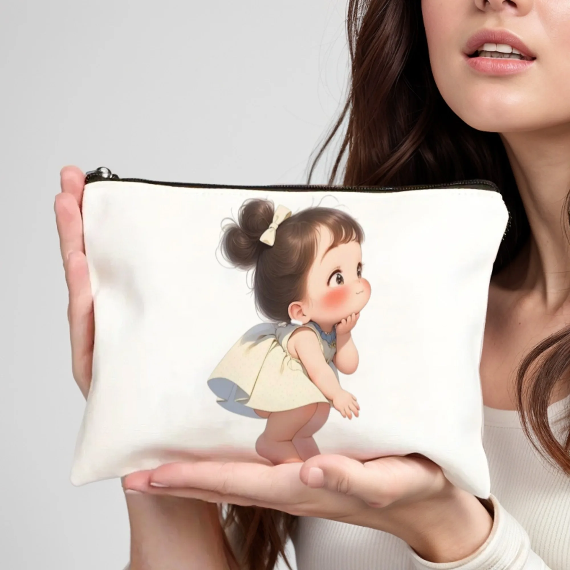 

A cartoon girl in a white dress Stylish Zippered Makeup Bag Portable Cosmetic Case with Mirror Durable Travel Toiletry Bag