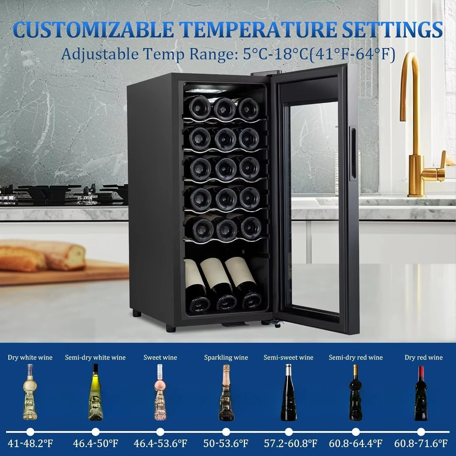 18 زجاجة قائمة بذاتها مبرد نبيذ من الفولاذ المقاوم للصدأ التحكم الرقمي في درجة الحرارة باب من الزجاج المقسى النبيذ المشروبات المنزلية الكهربائية