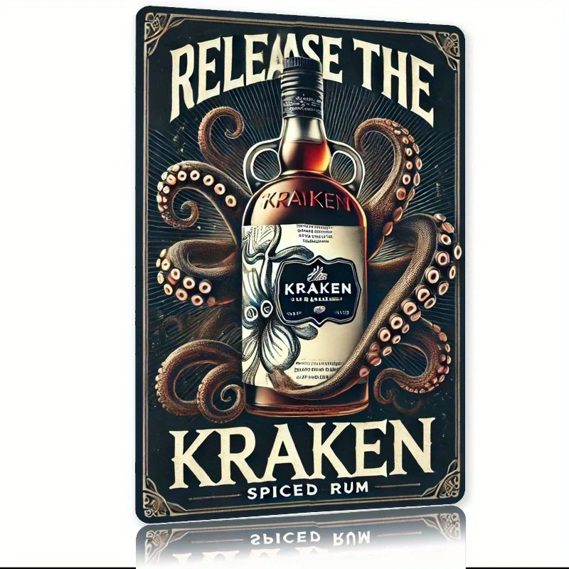 Letrero metálico vintage de ron especiado Kraken – Arte náutico para pared con diseño de pulpo, placa de hierro rústica para bar en casa, man cave u otros espacios.