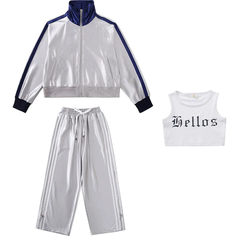 Mädchen Hip Hop Silber Jacke Baggy Hosen K-pop Mantel Kleidung Set Cool Street Dance Kostüm Gruppe Streetwear Jazz Bühne zeigen Outfit