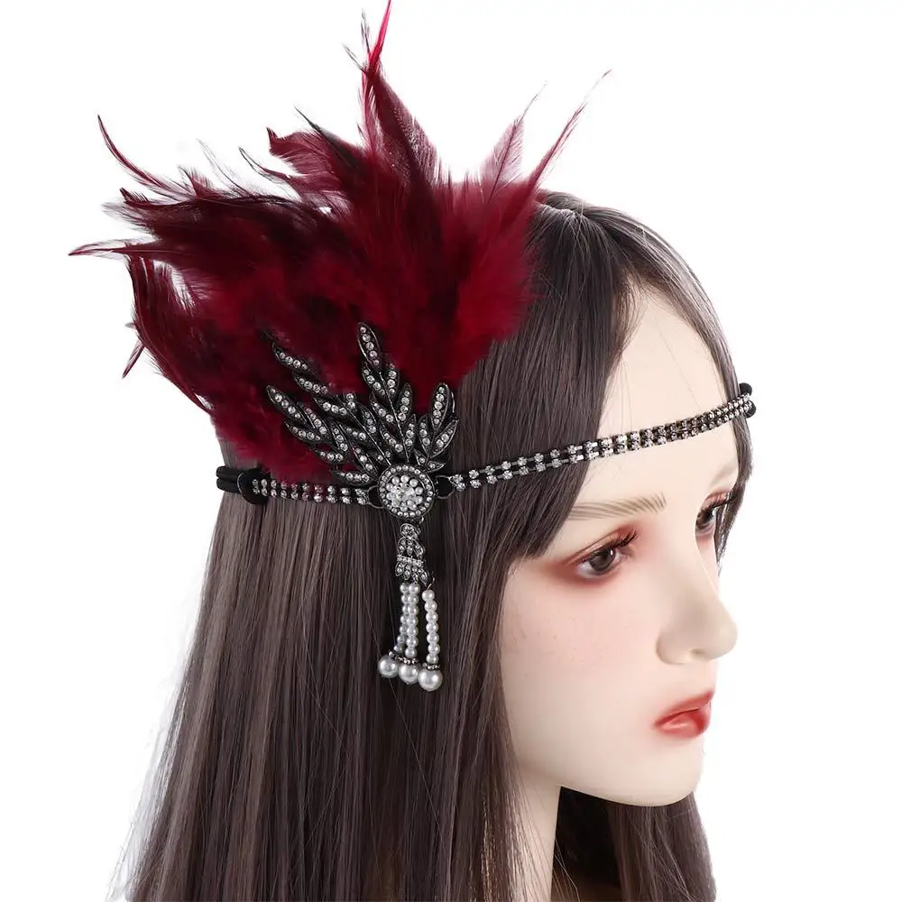 Diadema de cristal de cadena larga con borlas, diadema de estilo coreano, banda para el cabello con lentejuelas, tocado de plumas, accesorios para el cabello fiesta de disfraces