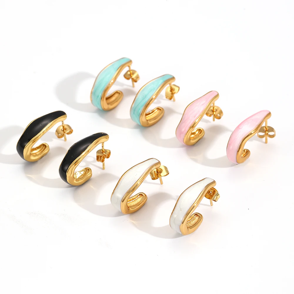 Modische Edelstahl-C-Form Weiß-Schwarz Emaillierte Creolen Damen Charm-Schmuck Accessoires – Detail 1