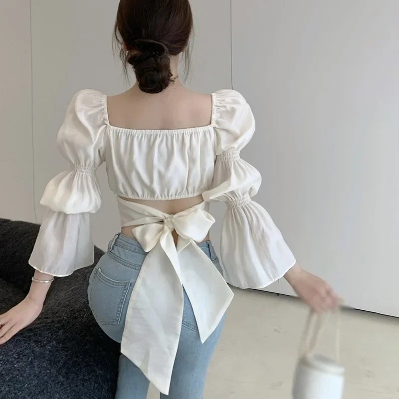 

Korean Fashion Sweey Shirts Square Collar Y2k Summer Vintage Women Elegant Casual Blouses Long Sleeve Backless Bow Tops