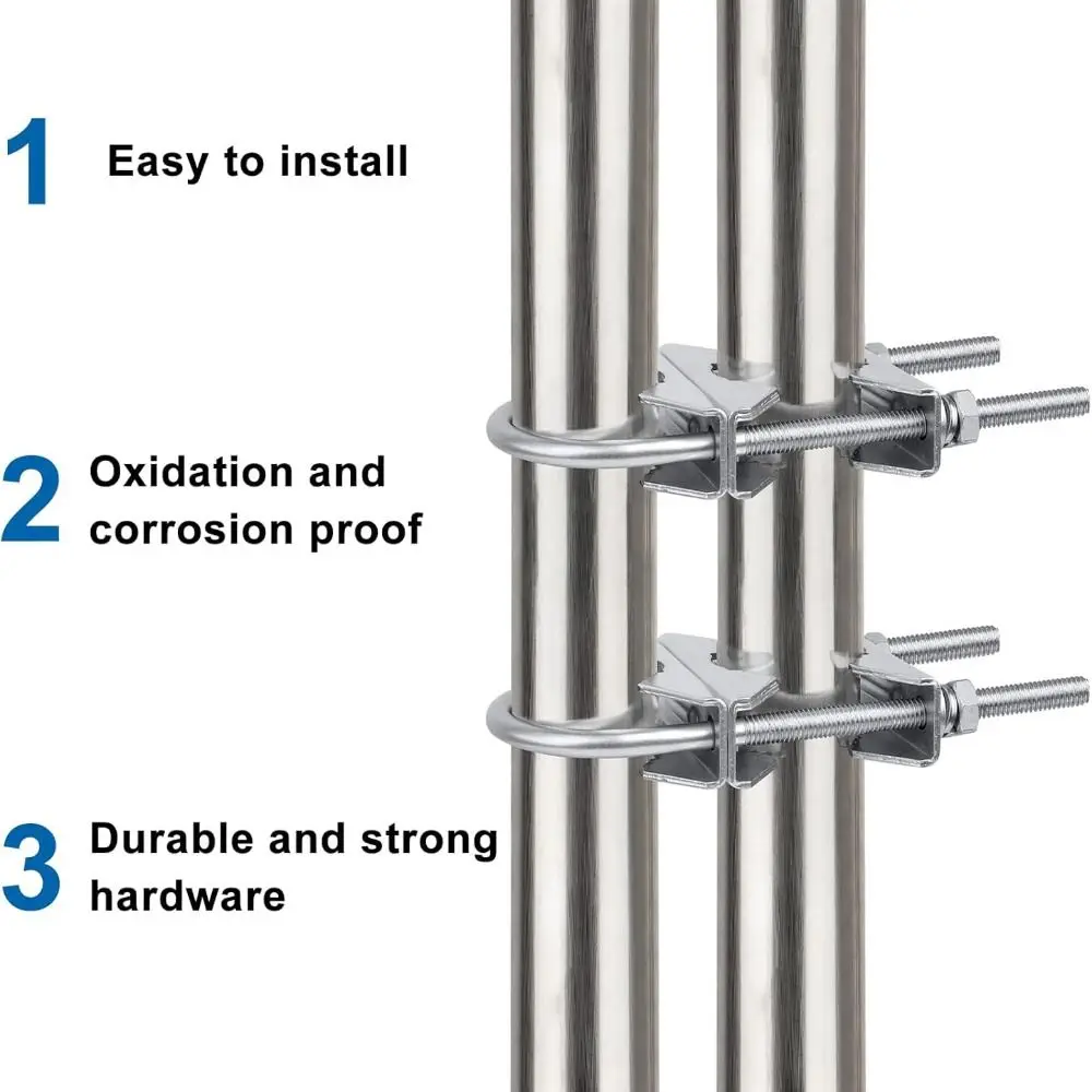 304 Stainless Steel Double Antenna Mast Clamp U-Bolt Fastening Adjustable Mast Mounting Clamp Corrosion Resistant Universal