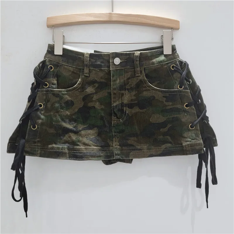 American Spice Girl Camouflage Low Waist A Word Short Skirt Women's Versatile Skinny Buttocks Short Skirt 2025 Summer New