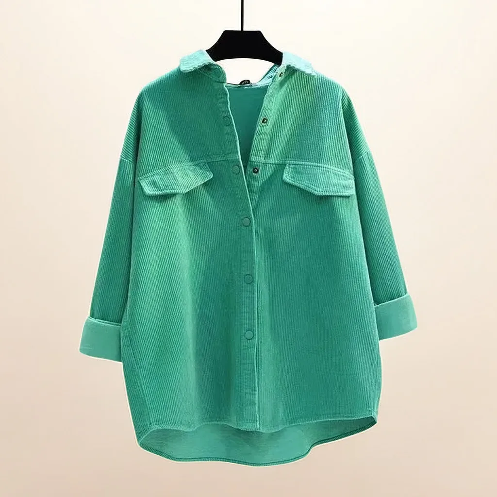 Green Solid Casual Corduroy Polo-Neck Single Breasted Long Sleeve Women\'s Blouse Shirt Female Tops Woman Clothing Fashion 2024