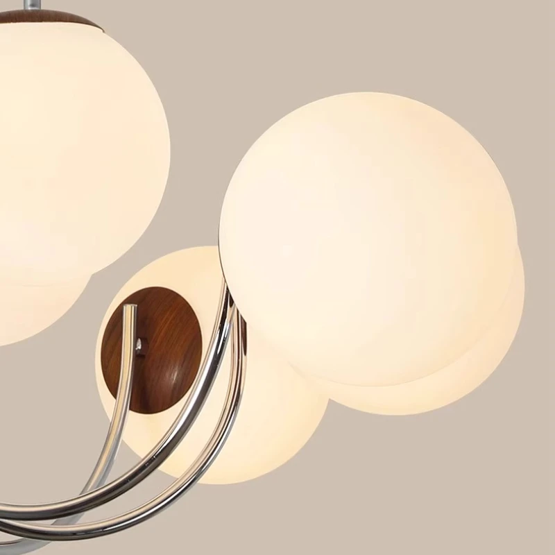 Bauhaus Silvery Wrought Iron LED Chandeliers White Glass Ball Hanging Lamp Living Room Bedroom Kitchen Restaurant Pendant Lights