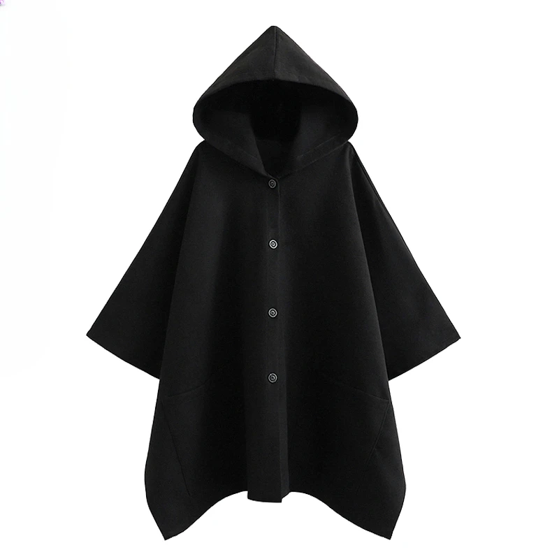 

Hooded Coat Black Women's Loose Casual Cardigan Autumn andWinter Thickened Warm Mid-Length Couple Cape Shawl Woolen Overcoat 1Pc