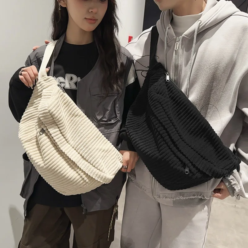 Large Capacity Corduroy Crossbody Purse for Women Man,With Adjustable Wide Strap, Soft Shoulder Pack for School Daily Commuter
